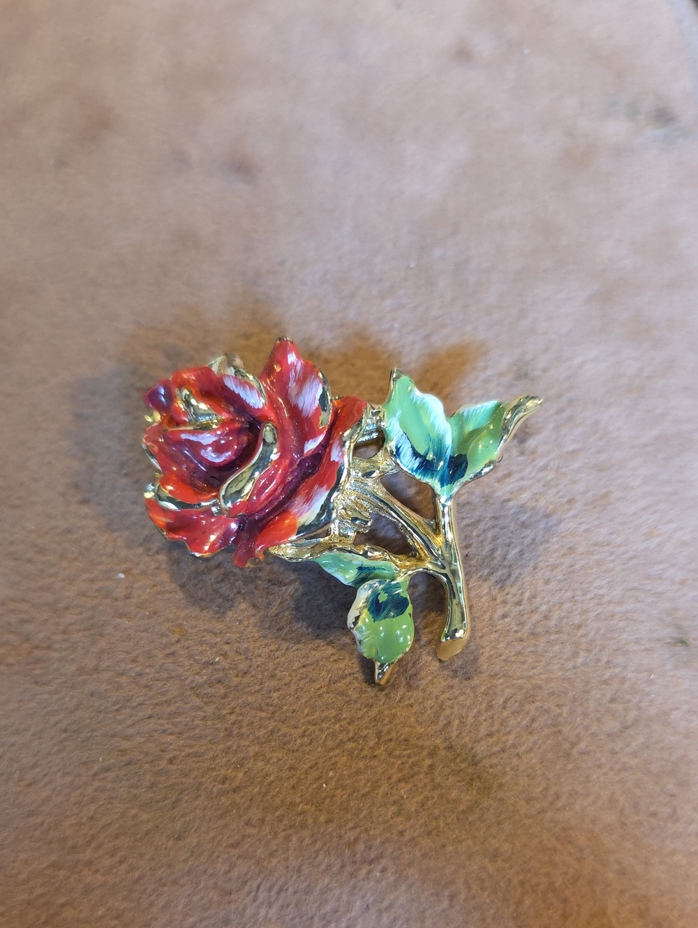 Vintage Floral Enamel Rose Brooch